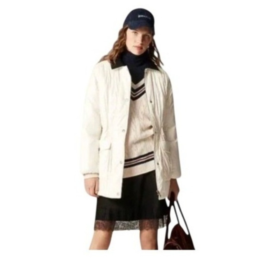 J.‎ Crew Puffer Barn Jacket with PrimaLoft Cream Black Collar Zip Snap Close M